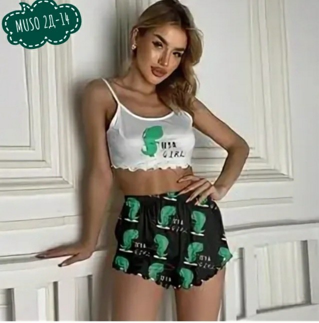 пижама женская комплект,пижама женская,пижамный комплект из топа,комплект пижама,пижама женская с шортами шелк с авокадо