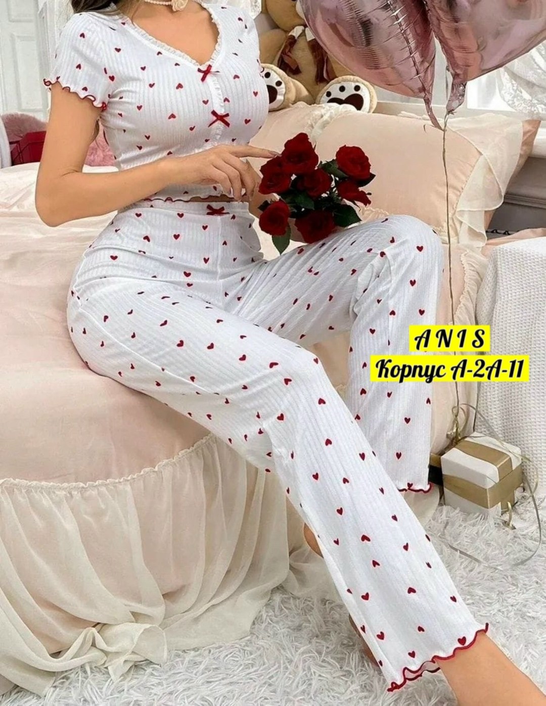 пижамы для женщин,женские пижамные комплекты,женская пижама,женская пижама с принтом и бантиком,пижама со штанами с сердечком dorez
