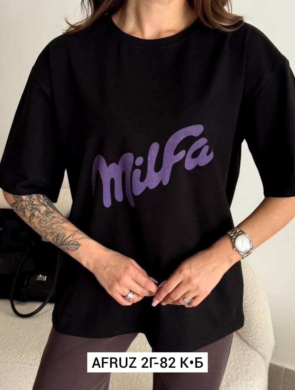 футболка оверсайз с принтом milfa amilya stail,футболка оверсайс с надписью milfa арт.4238352,футболка женская оверсайз с модным принтом milfa,футболка оверсайз с принтом milfa amilya stail цвет белый