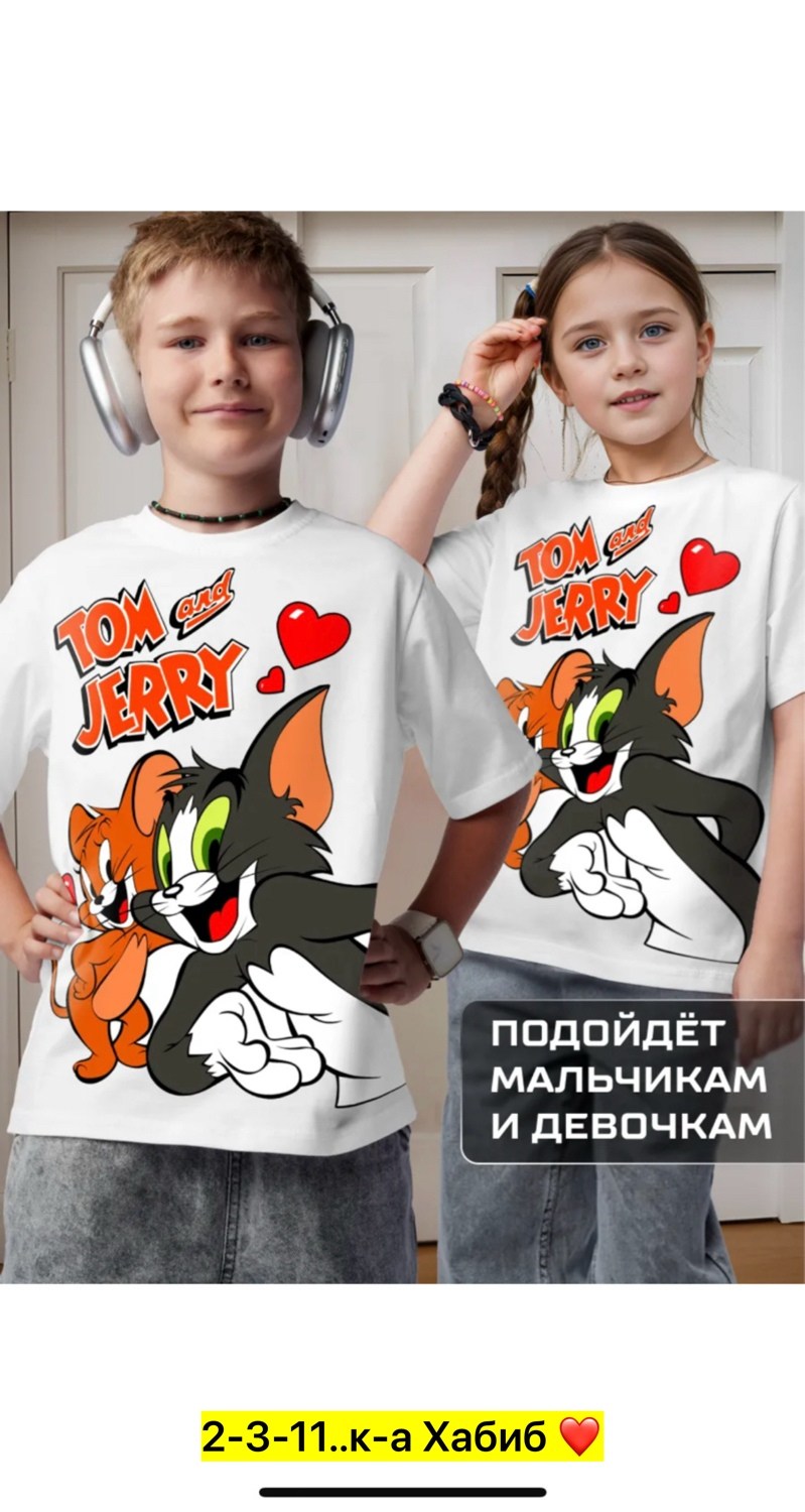 футболка для девочки со светящимся принтом том и джерри,футболка для мальчика со светящимся принтом том и джерри,футболка том и джерри,с принтом том и джерри,майка топ для девочек