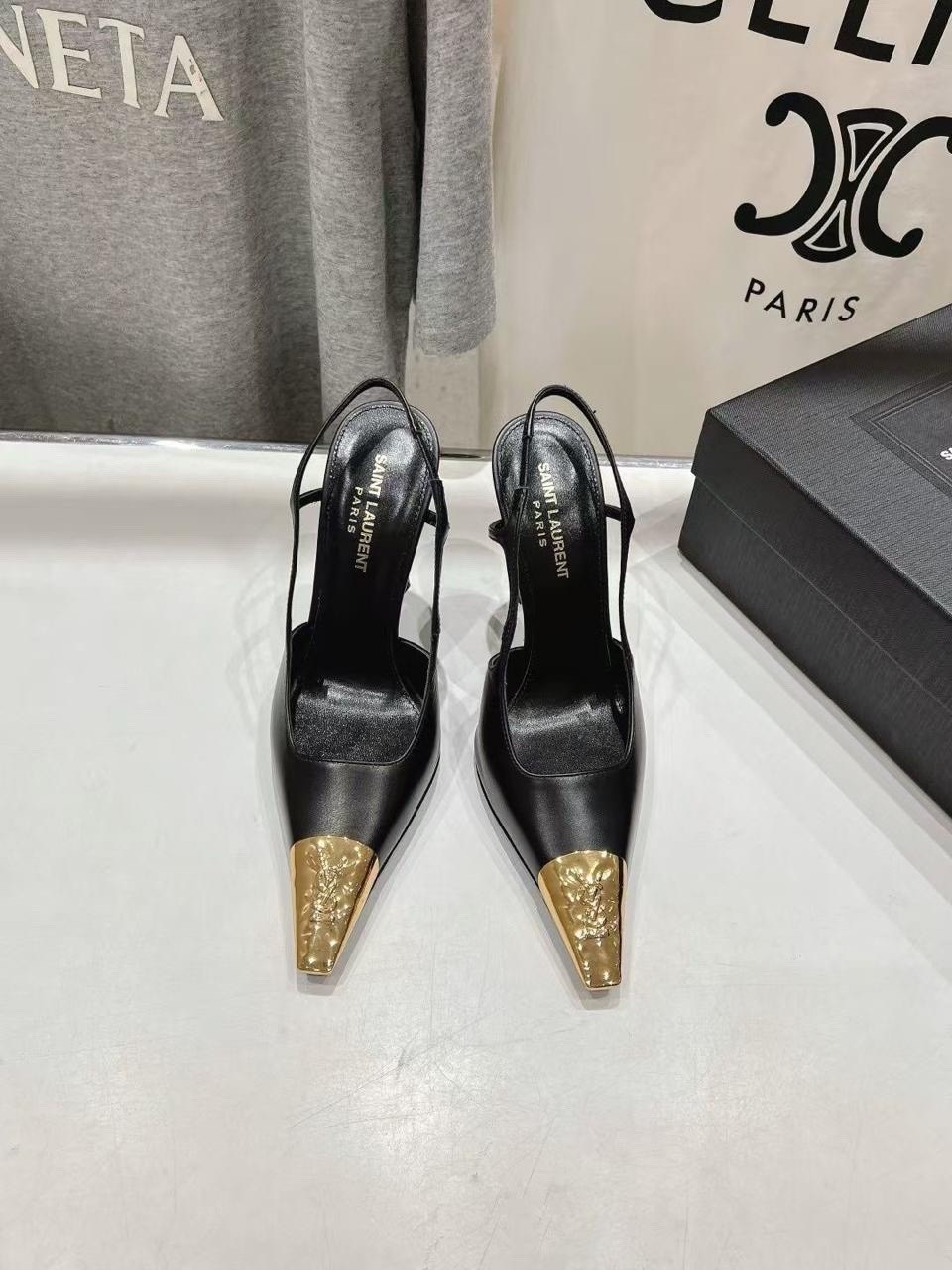 туфли лодочки женские,yves saint laurent туфли,женские кожаные туфли saint laurent черные с золотым носком каблук 10 см,туфли женские,saint laurent туфли