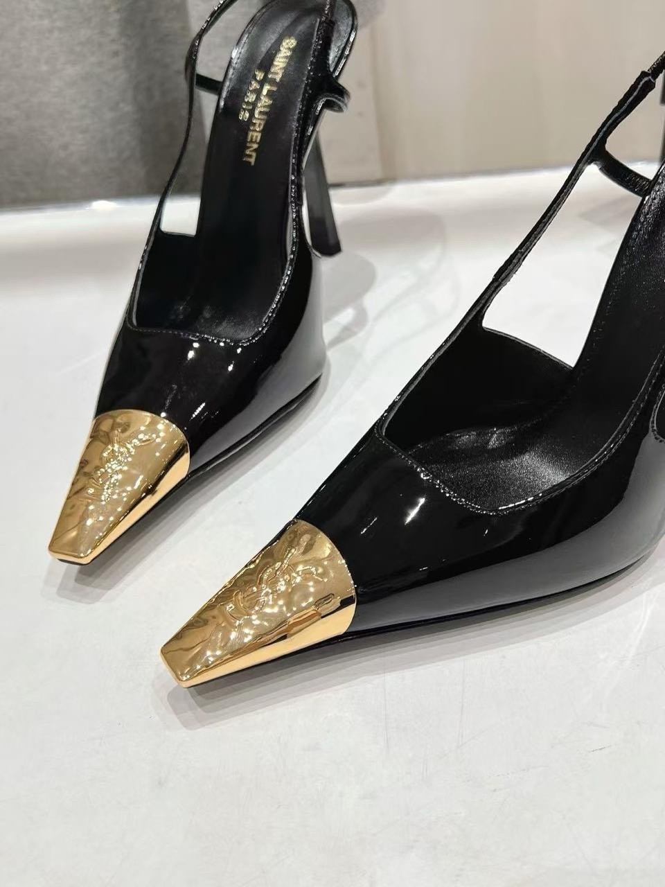 туфли лодочки женские,yves saint laurent туфли,женские кожаные туфли saint laurent черные с золотым носком каблук 10 см,туфли женские,saint laurent туфли
