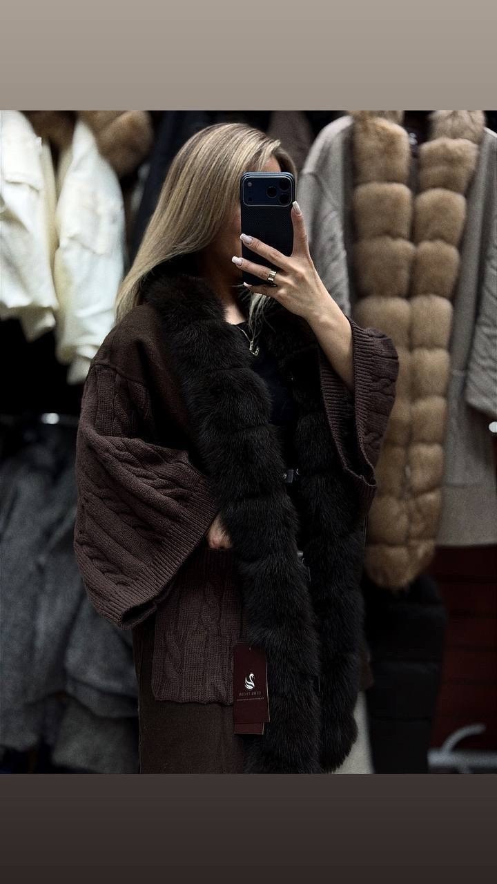коричневый кардиган с мехом песца yana kraft brand,кардиган с мехом песца,кардиган с мехом,женские кардиганы,модные кардиганы