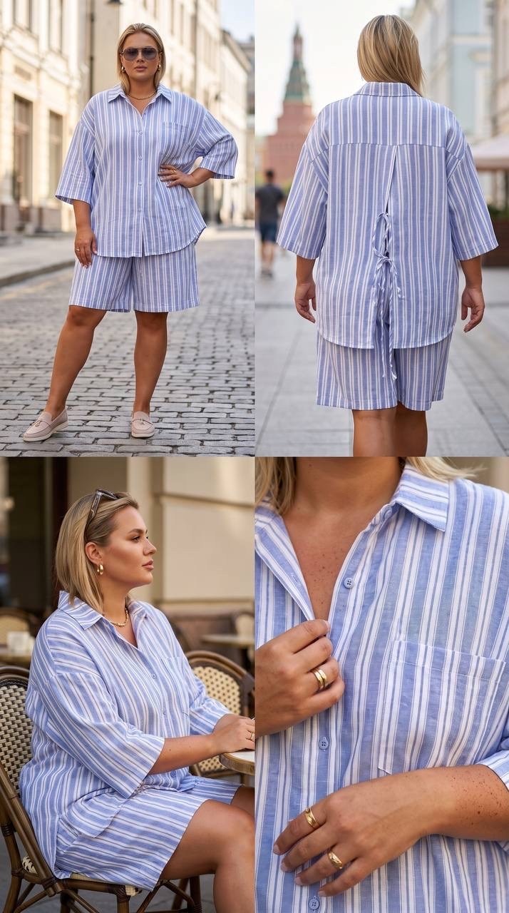костюм летний с шортами рубашкой льняной в полоску из льна betrendy wear,платья рубашка,,костюм женский летний с шортами и рубашкой из льна,платья рубашка повседневное