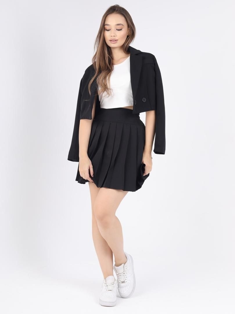 школьный костюм двойка с юбкой и укороченным пиджаком sheng yuan fashion,юбка мини со складками плиссе y2k aera.story цвет черный,пиджак и юбка,юбка мини со складками плиссе y2k aera,юбка