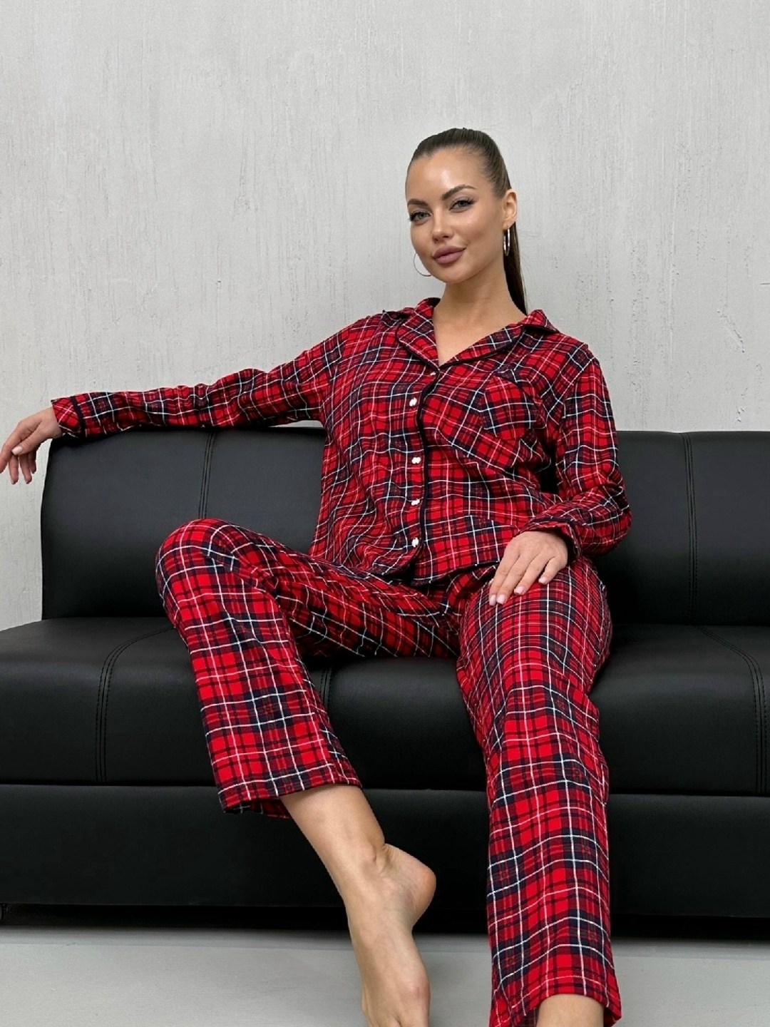 пижама женская в клетку "кант" textile-delux,пижама женская,пижама с курами,пижама женская в клетку,трикотажный костюм пижама в красную клетку