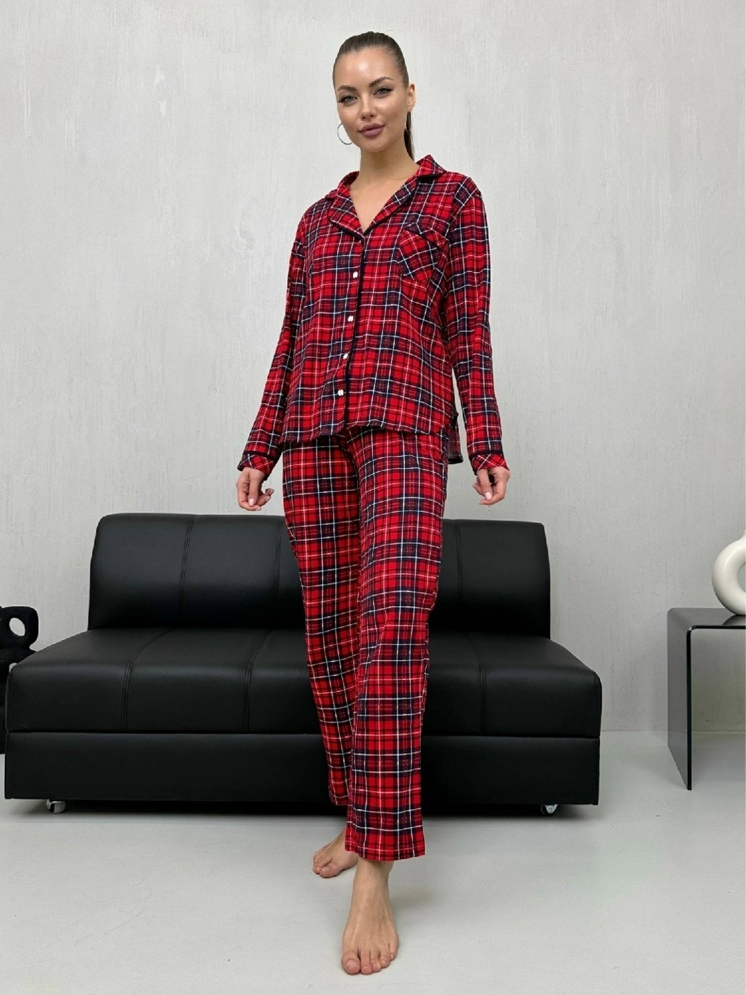 пижама женская в клетку "кант" textile-delux,пижама женская,пижама с курами,пижама женская в клетку,трикотажный костюм пижама в красную клетку