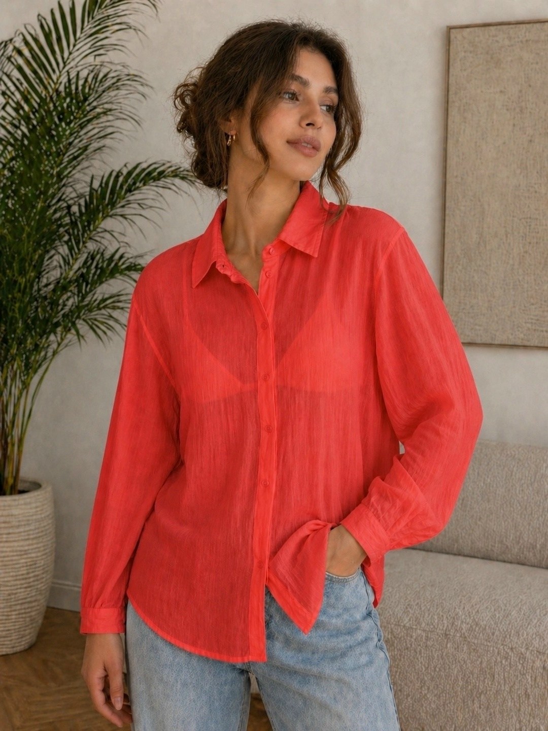 рубашка из струящейся рубашки oversize zara коралловый,рубашка женская,повседневная рубашка,льняная рубашка,рубашка блузка