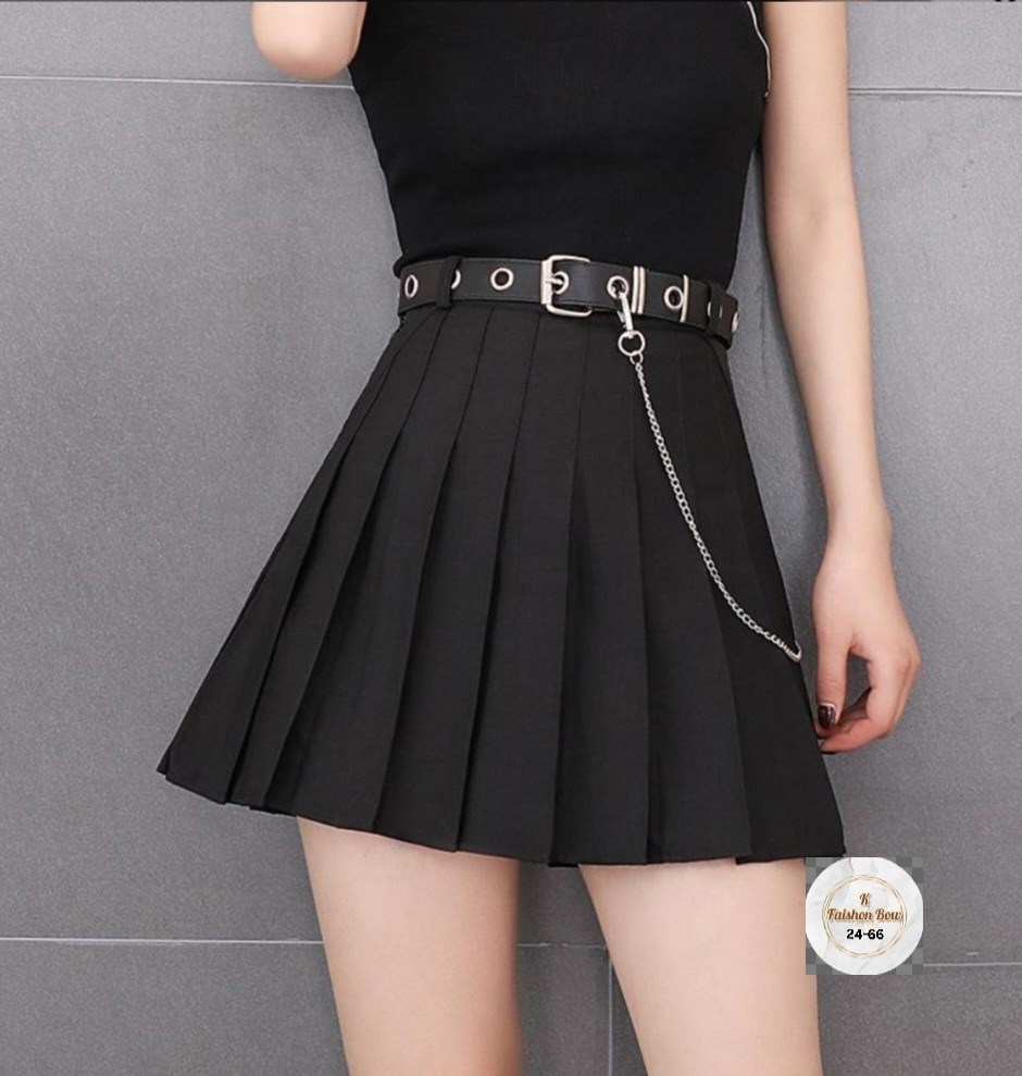 плиссированная мини юбка с aliexpress черная,черная плиссированная юбка с поясом-цепочкой в стиле панк-рок,черная плиссированная корейская юбка,юбка с цепью,черная плиссированная юбка с поясом-цепочко