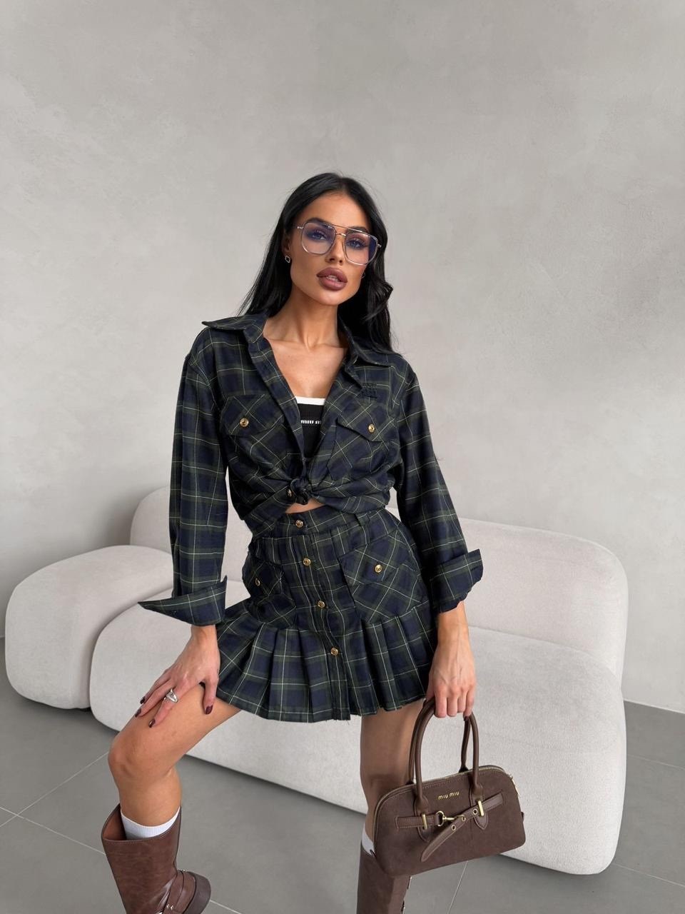 костюм miu miu,юбка с рубашкой,костюм в клетку,костюм юбки,юбочный костюм в клетку