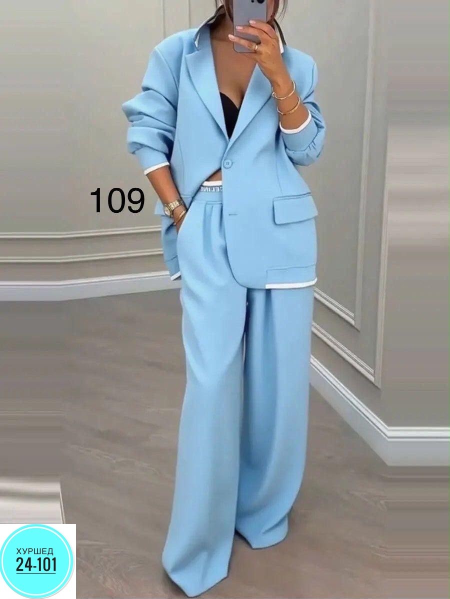 брючные костюмы женские,костюм женский ayim style голубой,голубой костюм женский брючный палаццо,женский брючный костюм небесно-голубого цвета,костюм брючный классический