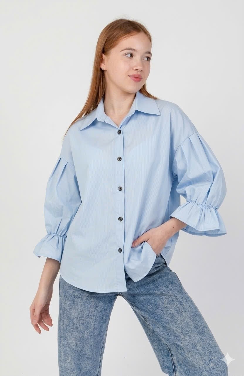 рубашка женская minaku casual collection размер 54 голубой,рубашка женская с объемными рукавами minaku casual collection голубая,рубашка с широкими рукавами голубого оттенка alviella atelier,голубая б