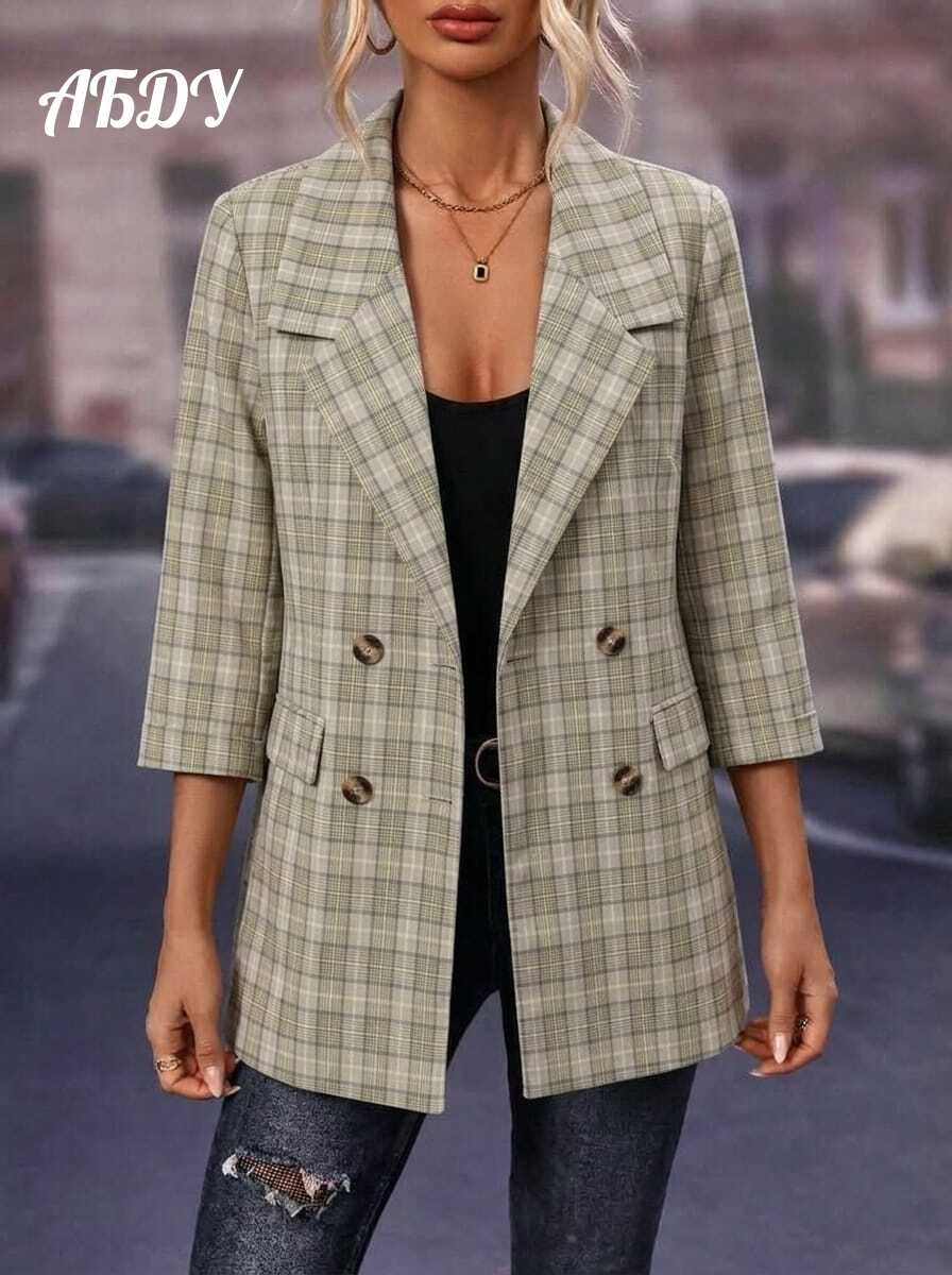 пиджак в клетку женский,пиджак в клетку,пиджак женский,women plaid double breasted lapel casual long sleeve thin blazers,пиджак удлиненный женский в клетку