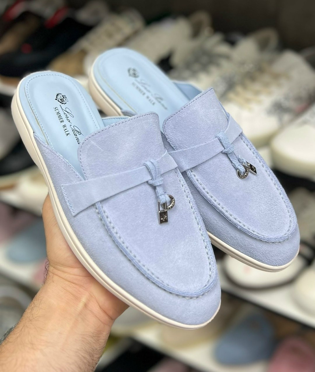 loro piana мюли,женские замшевые мюли loro piana голубые,,женская ,замшевые мюли