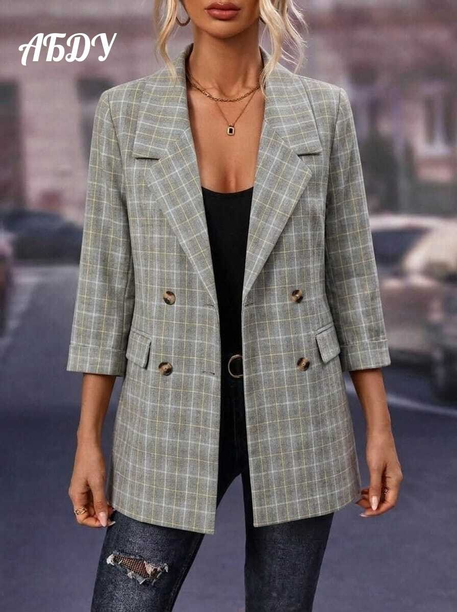 пиджак в клетку женский,пиджак в клетку,пиджак женский,women plaid double breasted lapel casual long sleeve thin blazers,пиджак удлиненный женский в клетку