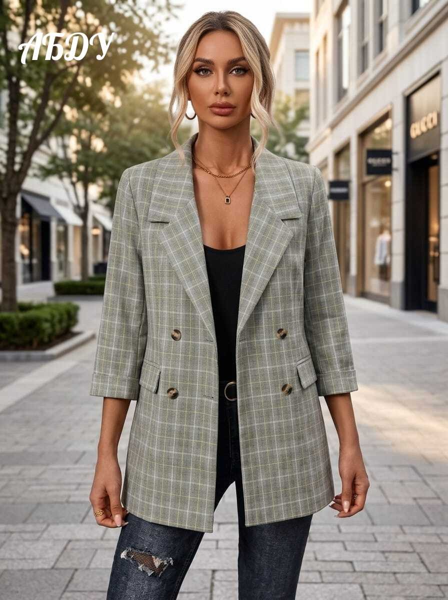 пиджак в клетку женский,пиджак в клетку,пиджак женский,women plaid double breasted lapel casual long sleeve thin blazers,пиджак удлиненный женский в клетку