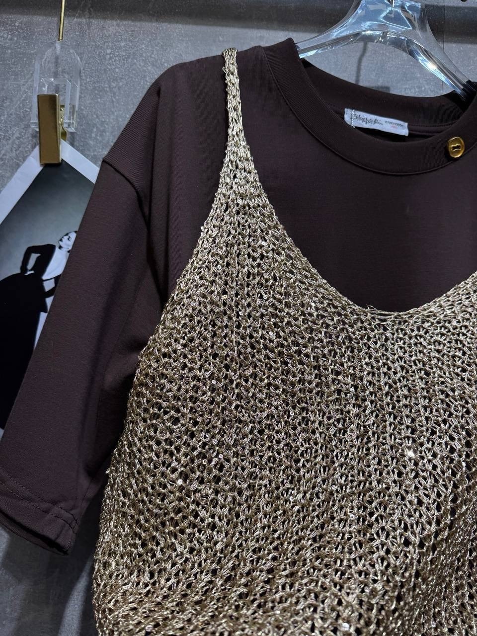 топ с пайетками avgustina_knit,топ с пайетками,майка-сетка с пайетками (бежевая с золотистыми пайетками),вязаная кофта,модные топы