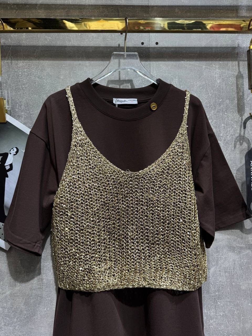 топ с пайетками avgustina_knit,топ с пайетками,майка-сетка с пайетками (бежевая с золотистыми пайетками),вязаная кофта,модные топы