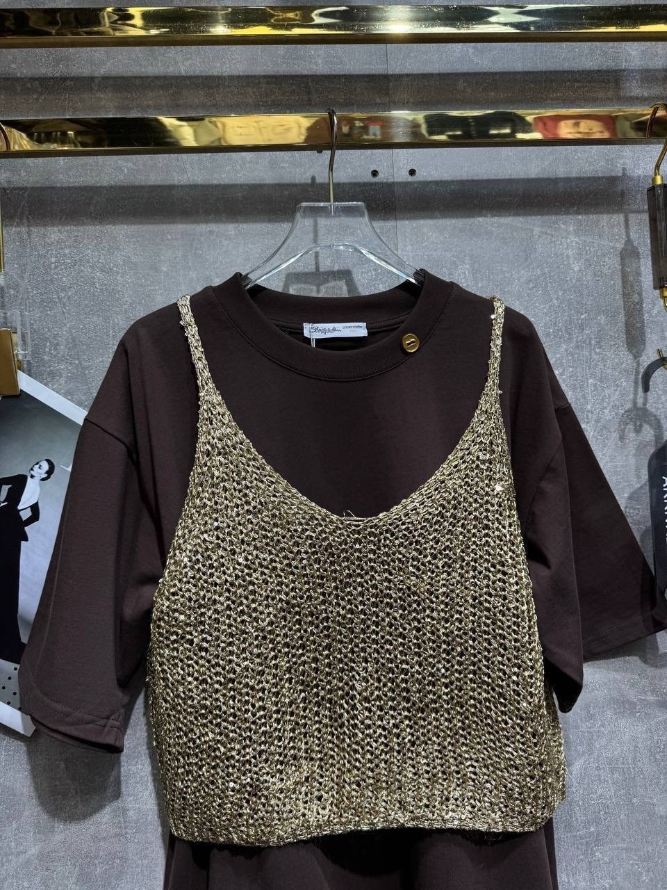 топ с пайетками avgustina_knit,топ с пайетками,майка-сетка с пайетками (бежевая с золотистыми пайетками),вязаная кофта,модные топы
