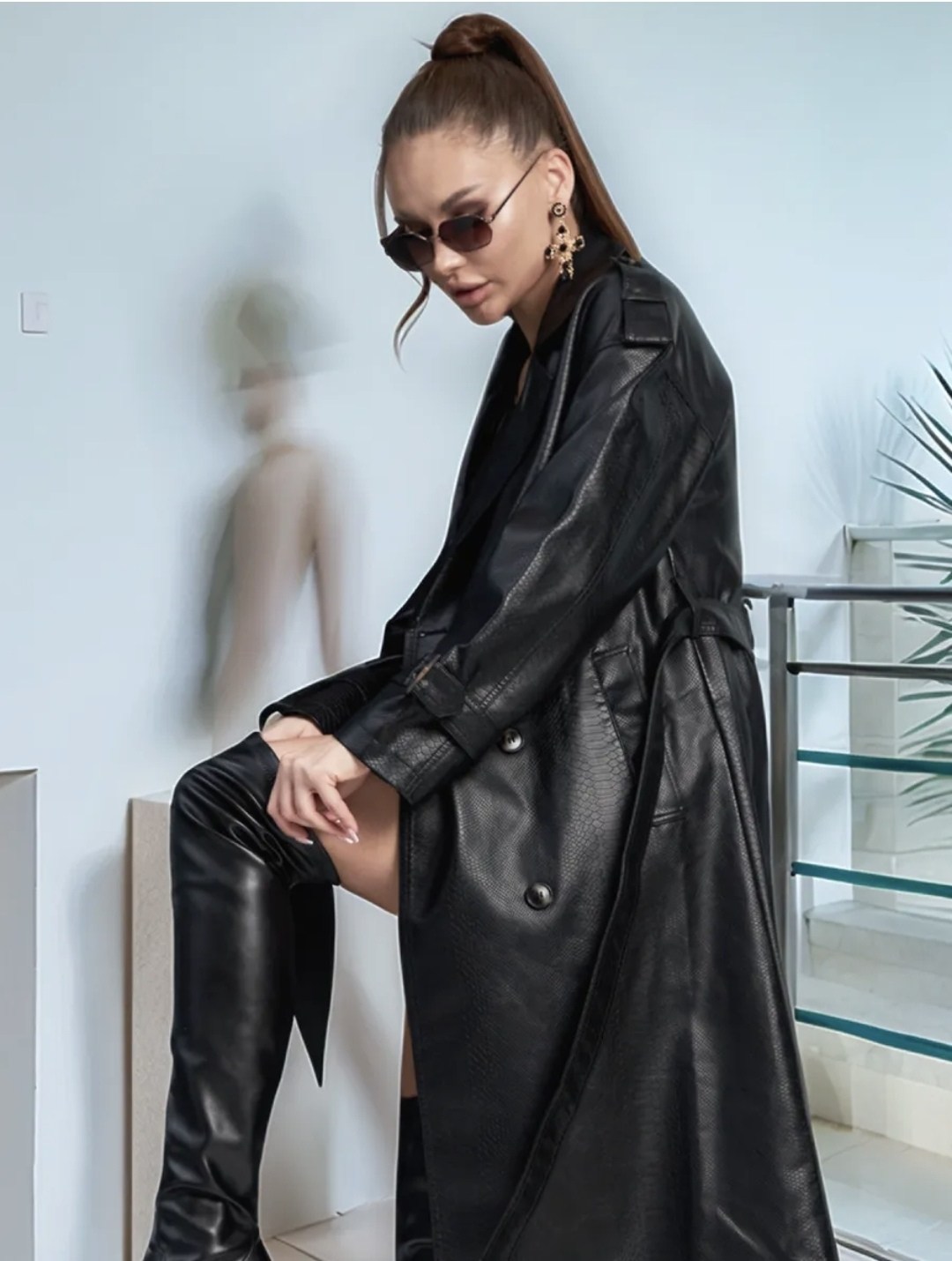 длинный кожаный плащ,плащ тренч кожаный,тренч кожаный длинный плащ popova.collection,плащ из экокожи,плащ из экокожи женский