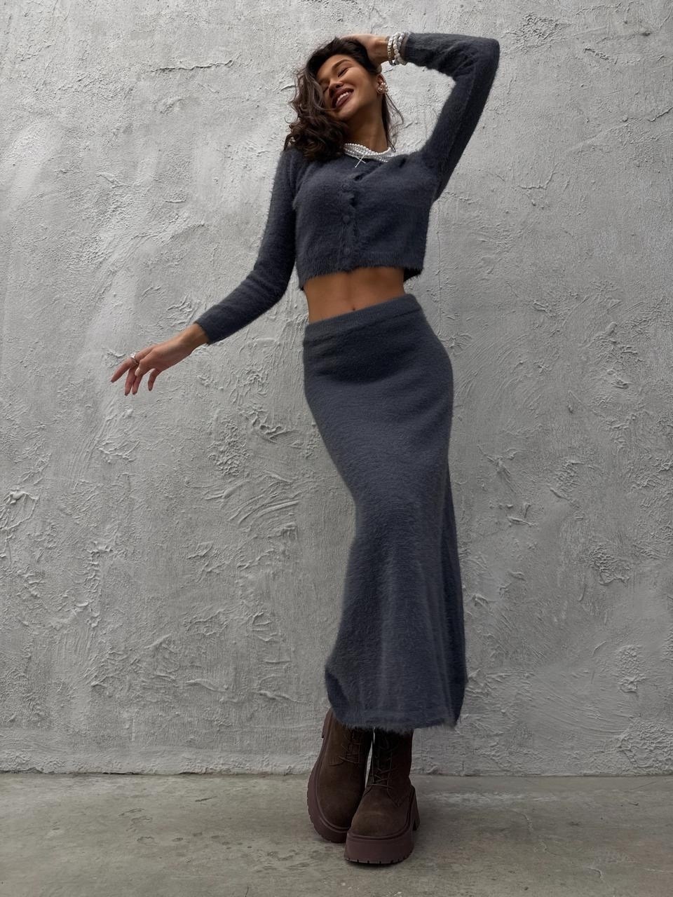 вязаный пушистый костюм с юбкой bt clothes,костюм двойка,вязаный костюм с юбкой,вязаный пушистый костюм с юбкой