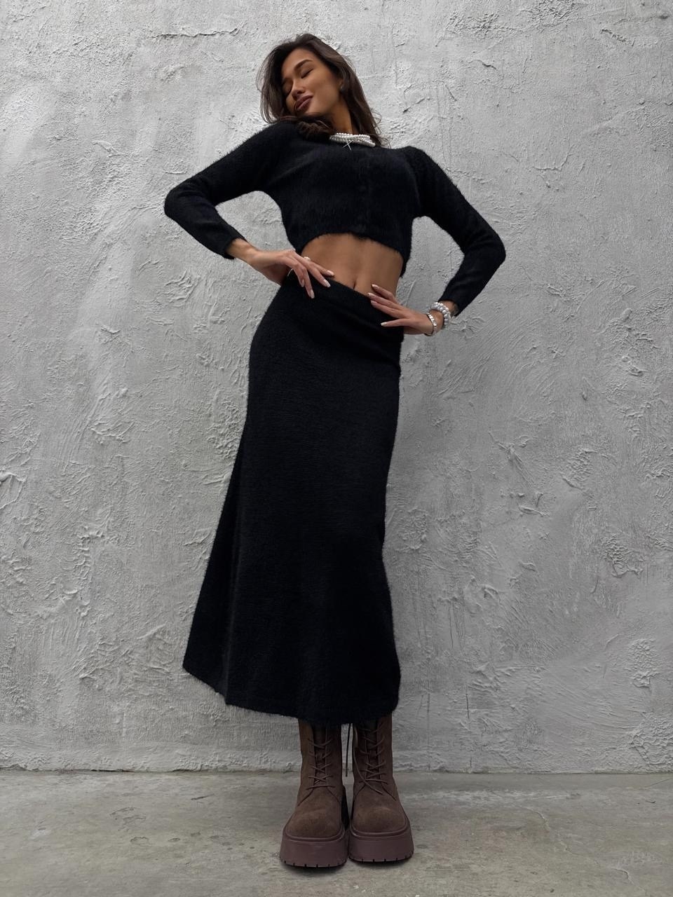 вязаный пушистый костюм с юбкой bt clothes,костюм двойка,вязаный костюм с юбкой,вязаный пушистый костюм с юбкой