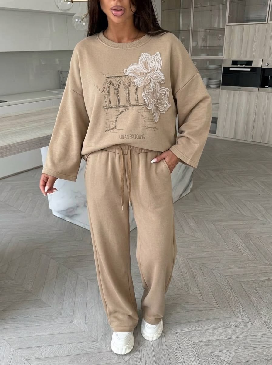 вязаный костюм свитшот и брюки trend collection,костюм трикотажный женский,трикотажный костюм,бежевый костюм,вязаный костюм свитшот и брюки trend.collection 329654099