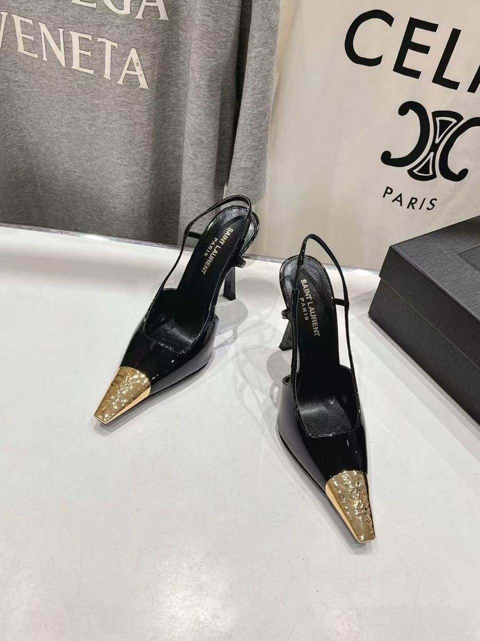 туфли лодочки женские,yves saint laurent туфли,женские кожаные туфли saint laurent черные с золотым носком каблук 10 см,туфли женские,saint laurent туфли