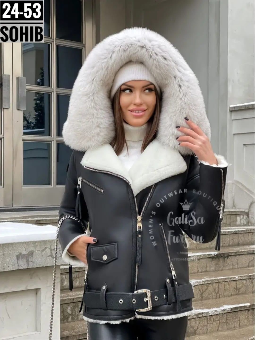 дубленка с капюшоном,дубленка с песцом,женская дубленка авиатор с капюшоном и песцом, черная с белым мехом, средней длины, миди,дубленка из натуральной овчины с мехом песца,дублёнка с капюшоном из мех