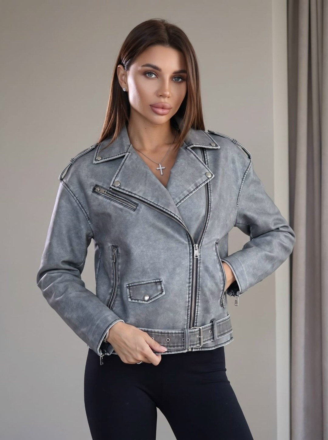 косуха винтажная куртка кожаная oversize серая monyken,косуха куртка,косуха кожаная женская куртка оверсайз,женская косуха,косуха