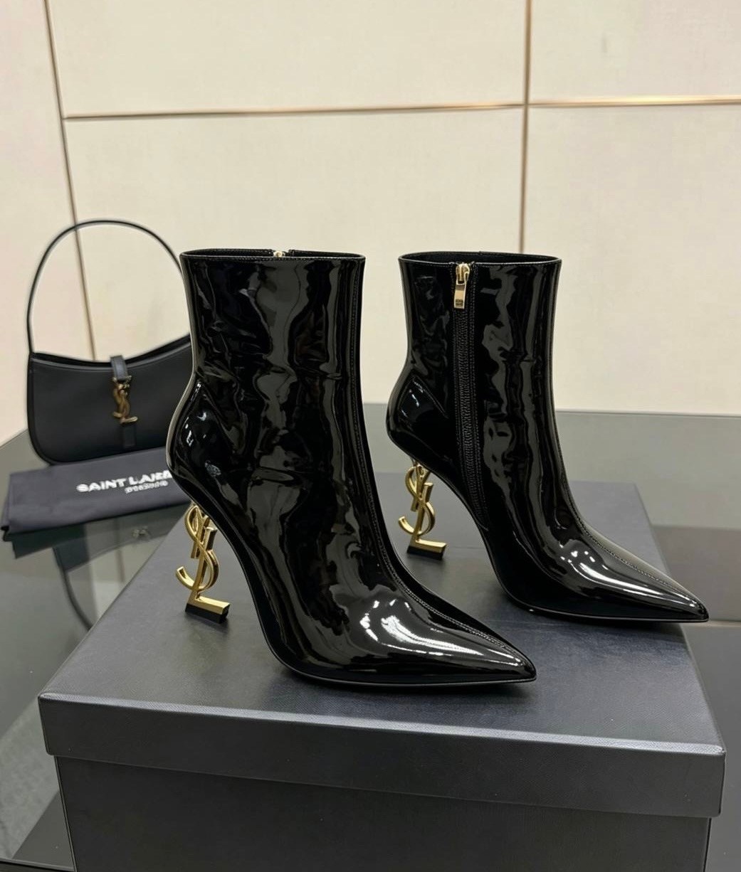 ботильоны ив сен лоран,ботильоны saint laurent,лакированные сапоги,туфли ив сен лоран с каблуком,черные ботильоны
