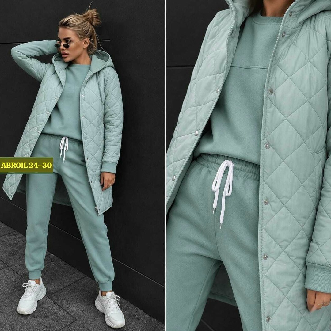 костюм спортивный тройка с длинным стеганым пальто cubi shop,костюм спортивный тройка с длинным стеганым пальто,женское стеганое пальто,костюм женский,костюм тройка с курткой