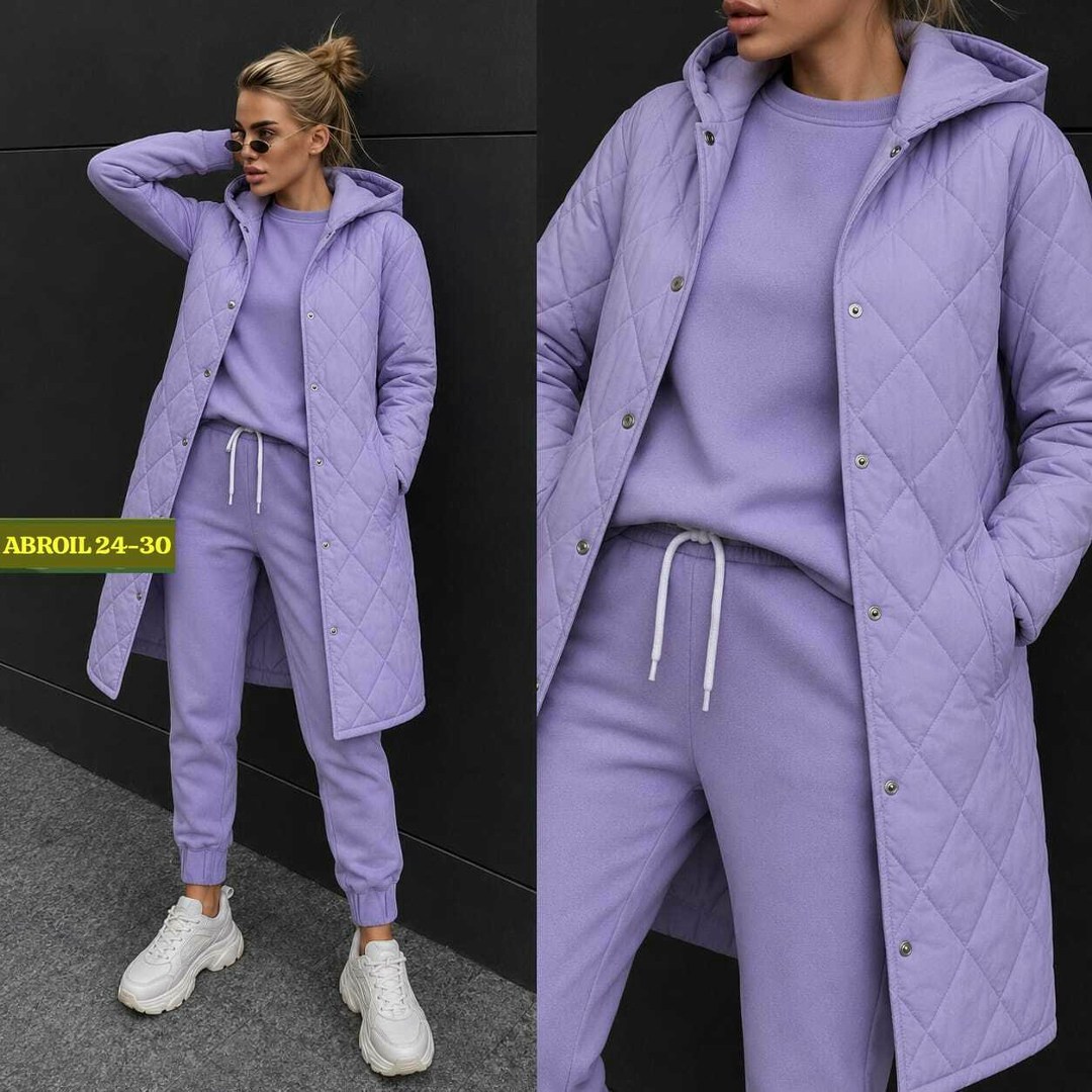 костюм спортивный тройка с длинным стеганым пальто cubi shop,костюм спортивный тройка с длинным стеганым пальто,женское стеганое пальто,костюм женский,костюм тройка с курткой