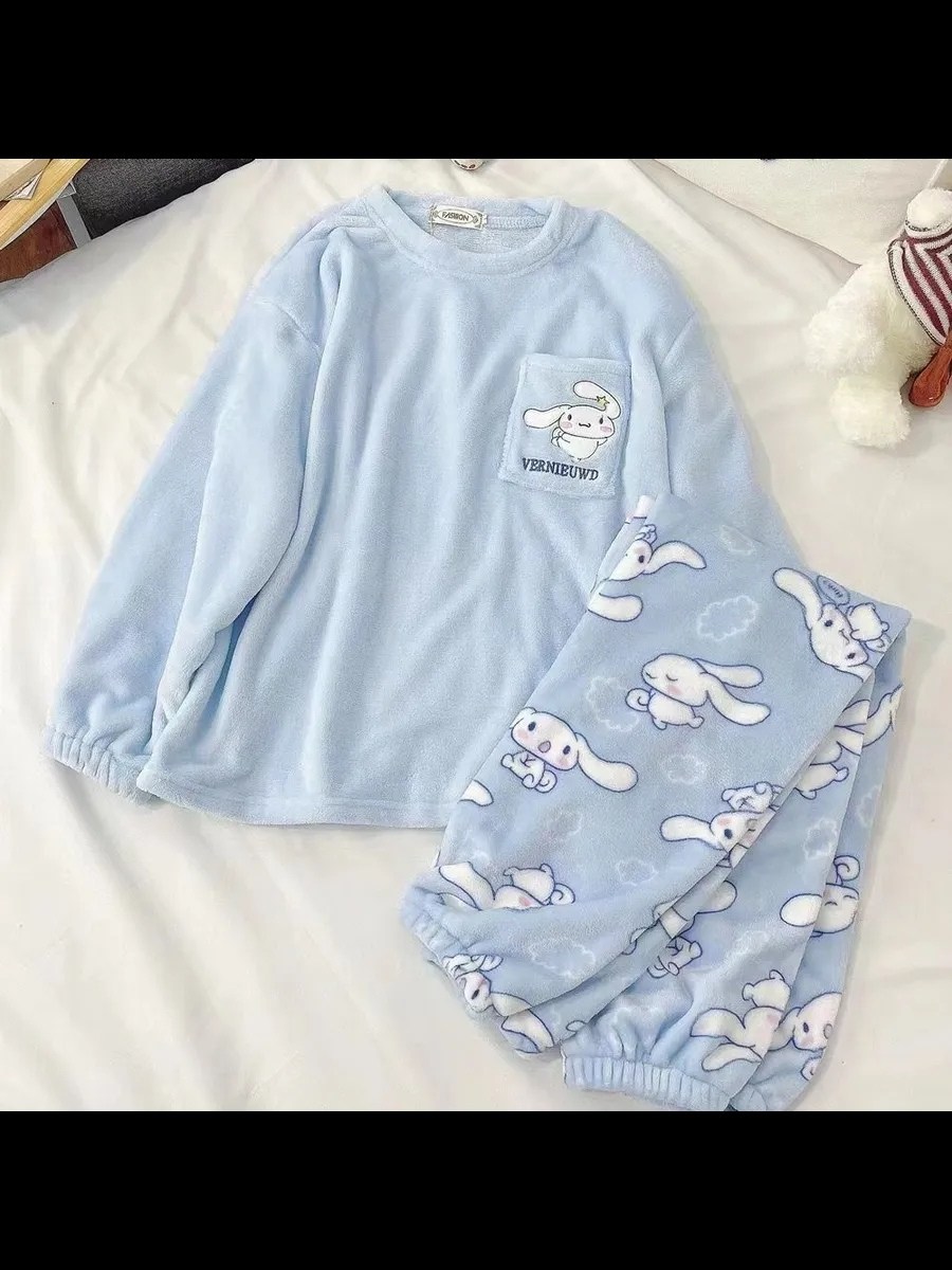 зимняя теплая пижама,kawaii sanrio плюшевая пижама cinnamoroll утепленная коралловая флис,зимняя пижама,теплая пижама,санрио пижама