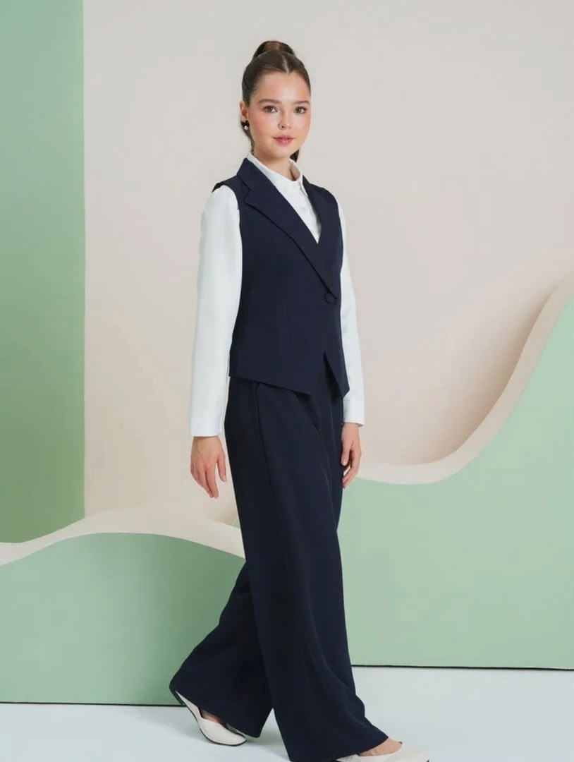 школьный костюм двойка с брюками палаццо и жилетом sheng yuan fashion,костюм школьный брючный с жилетом jutetti,костюм школьный брючный с жилеткой guliz цвет темно-синий,школьная форма костюм брючный