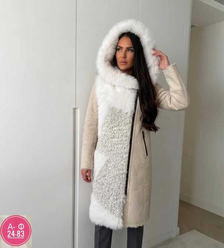 пальто зимнее длинное с капюшоном из эко меха klasika moda,дубленка женская,комбинированное пальто,зимнее пальто,женское пальто