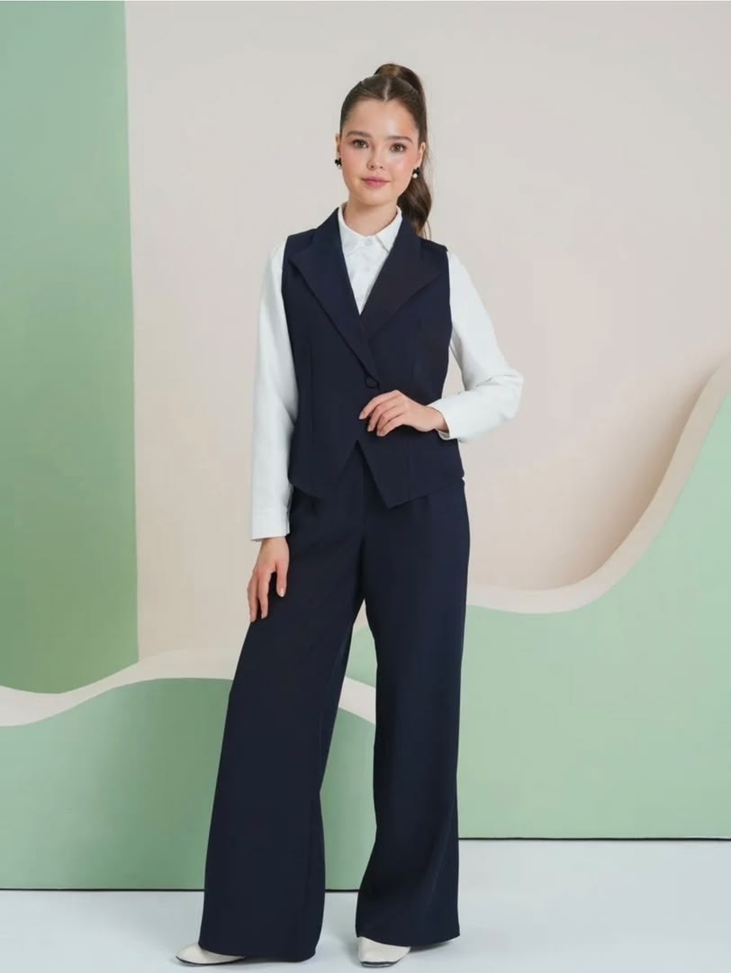школьный костюм двойка с брюками палаццо и жилетом sheng yuan fashion,костюм школьный брючный с жилетом jutetti,костюм школьный брючный с жилеткой guliz цвет темно-синий,школьная форма костюм брючный