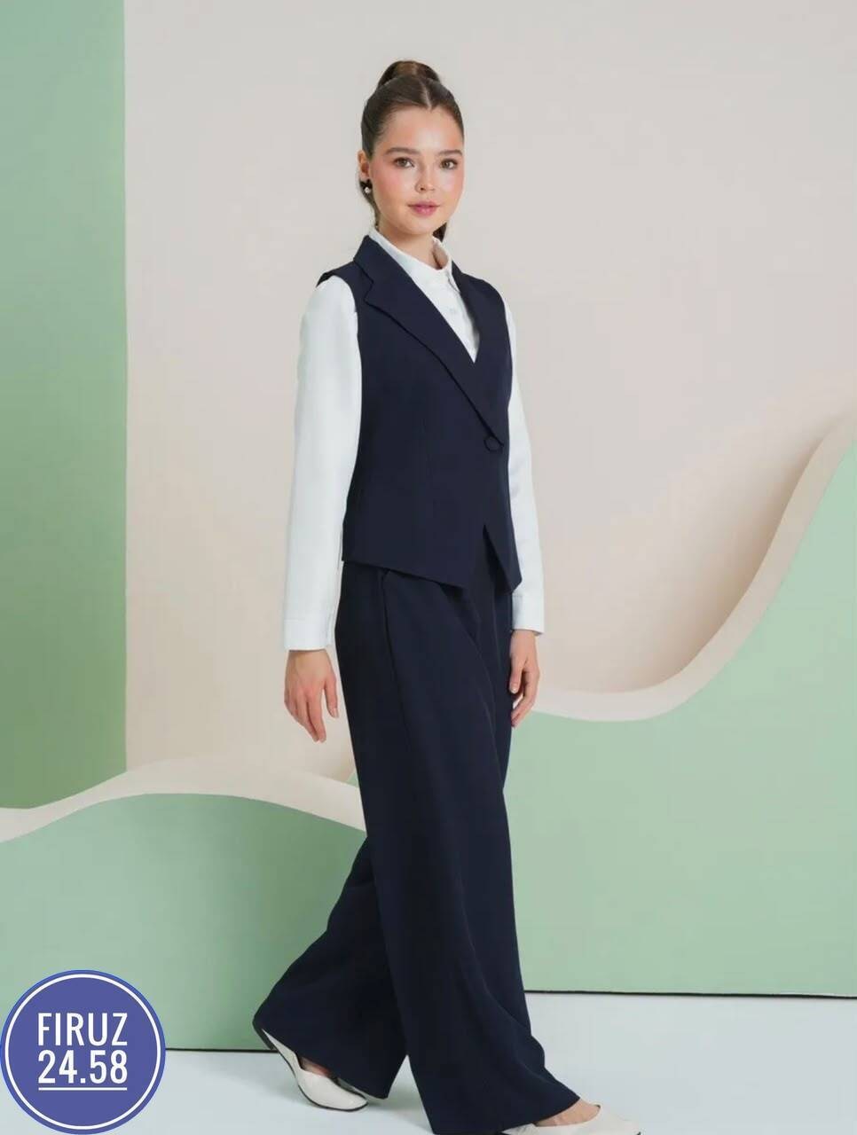 школьный костюм двойка с брюками палаццо и жилетом sheng yuan fashion,костюм-двойка для девочки школьный с жилетом и брюками темно-синего цвета,школьный костюм жилетка и брюки для девочки,костюм школь