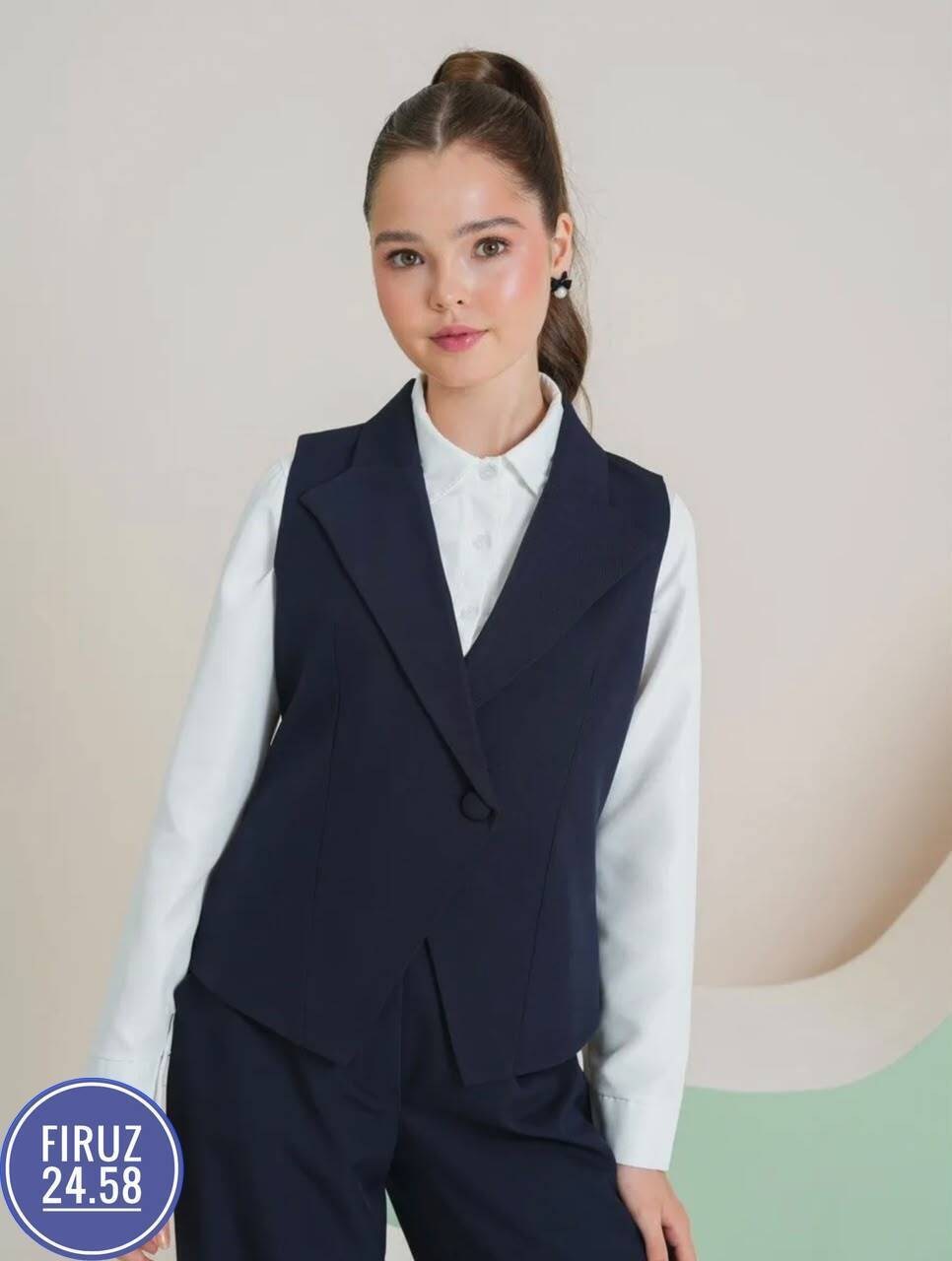 школьный костюм двойка с брюками палаццо и жилетом sheng yuan fashion,костюм-двойка для девочки школьный с жилетом и брюками темно-синего цвета,школьный костюм жилетка и брюки для девочки,костюм школь