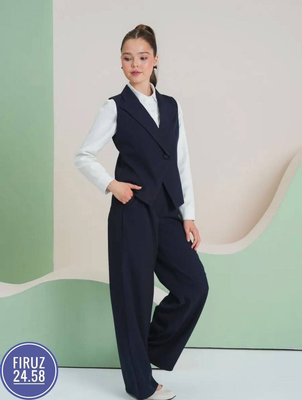 школьный костюм двойка с брюками палаццо и жилетом sheng yuan fashion,костюм-двойка для девочки школьный с жилетом и брюками темно-синего цвета,школьный костюм жилетка и брюки для девочки,костюм школь