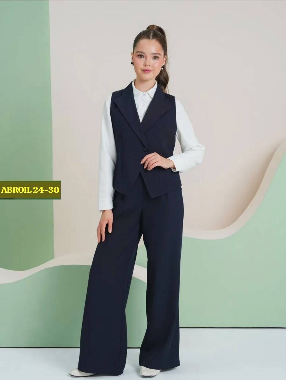 школьный костюм двойка с брюками палаццо и жилетом sheng yuan fashion,школьный костюм жилетка и брюки для девочки,костюм-двойка для девочки школьный с жилетом и брюками темно-синего цвета,костюм школь