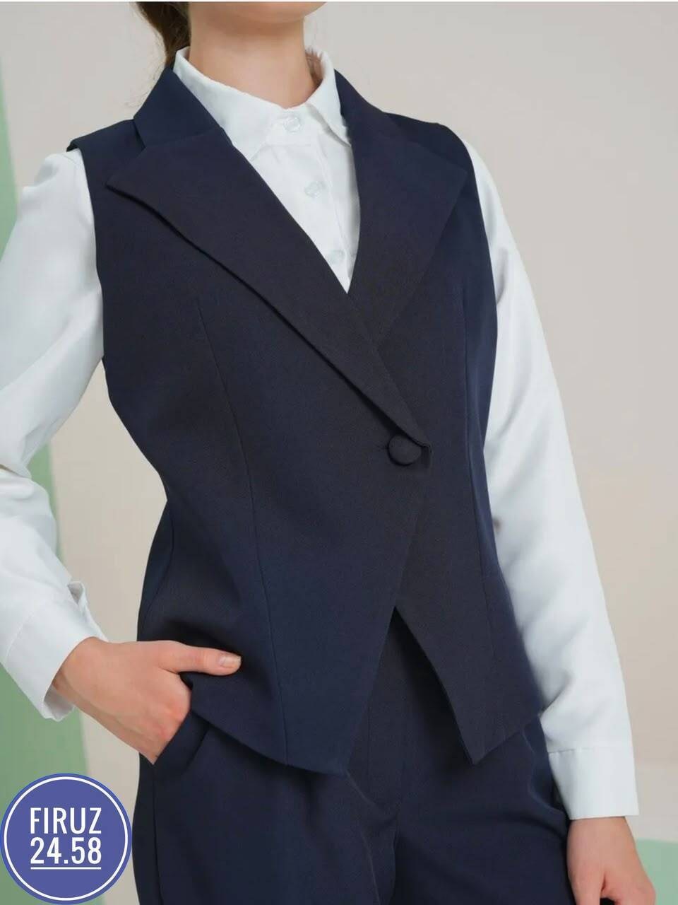 школьный костюм двойка с брюками палаццо и жилетом sheng yuan fashion,костюм-двойка для девочки школьный с жилетом и брюками темно-синего цвета,школьный костюм жилетка и брюки для девочки,костюм школь