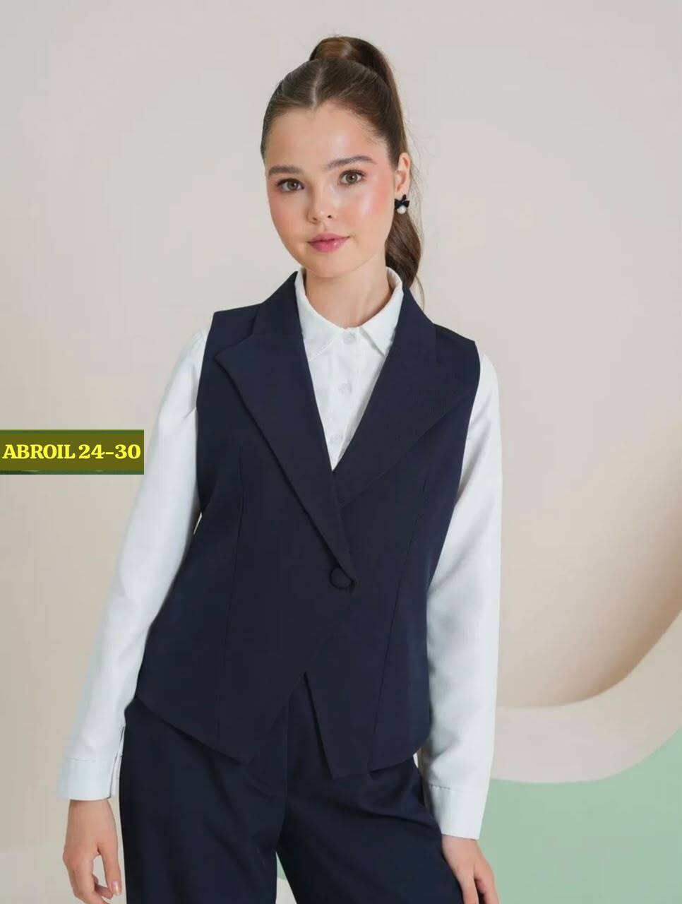 школьный костюм двойка с брюками палаццо и жилетом sheng yuan fashion,школьный костюм жилетка и брюки для девочки,костюм-двойка для девочки школьный с жилетом и брюками темно-синего цвета,костюм школь