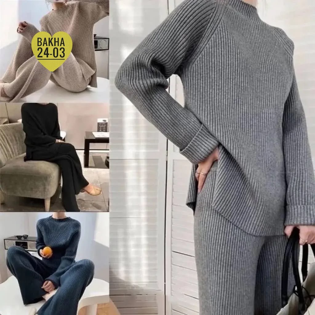 женский вязаный костюм,трикотажный костюм двойка qu style,женский костюм из трикотажа в рубчик с разрезами по бокам,женский трикотажный костюм из двух предметов,трикотажный костюм
