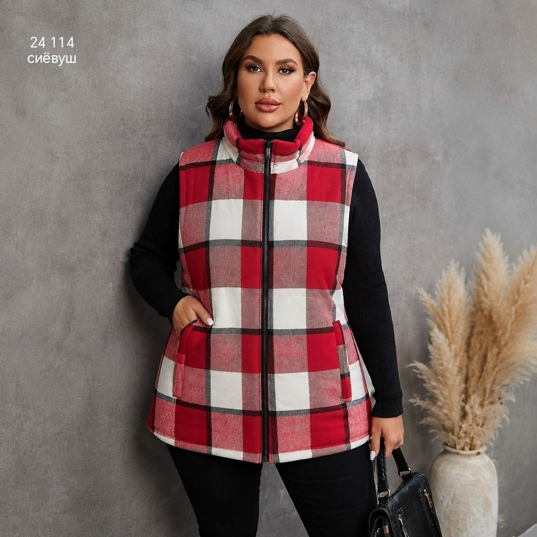 shein relaxiva размера плюс жилет-пальто в клетку,жилет,жилет стеганый,жилет в клетку,пальто в клетку