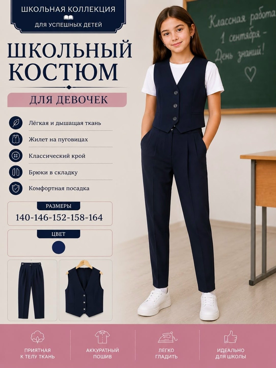 школьный брючный костюм для девочки темно-синий,школьный костюм двойка с брюками палаццо и жилетом sheng yuan fashion,школьный брючный костюм для девочки,школьная форма на девушку брючный костюм,костю