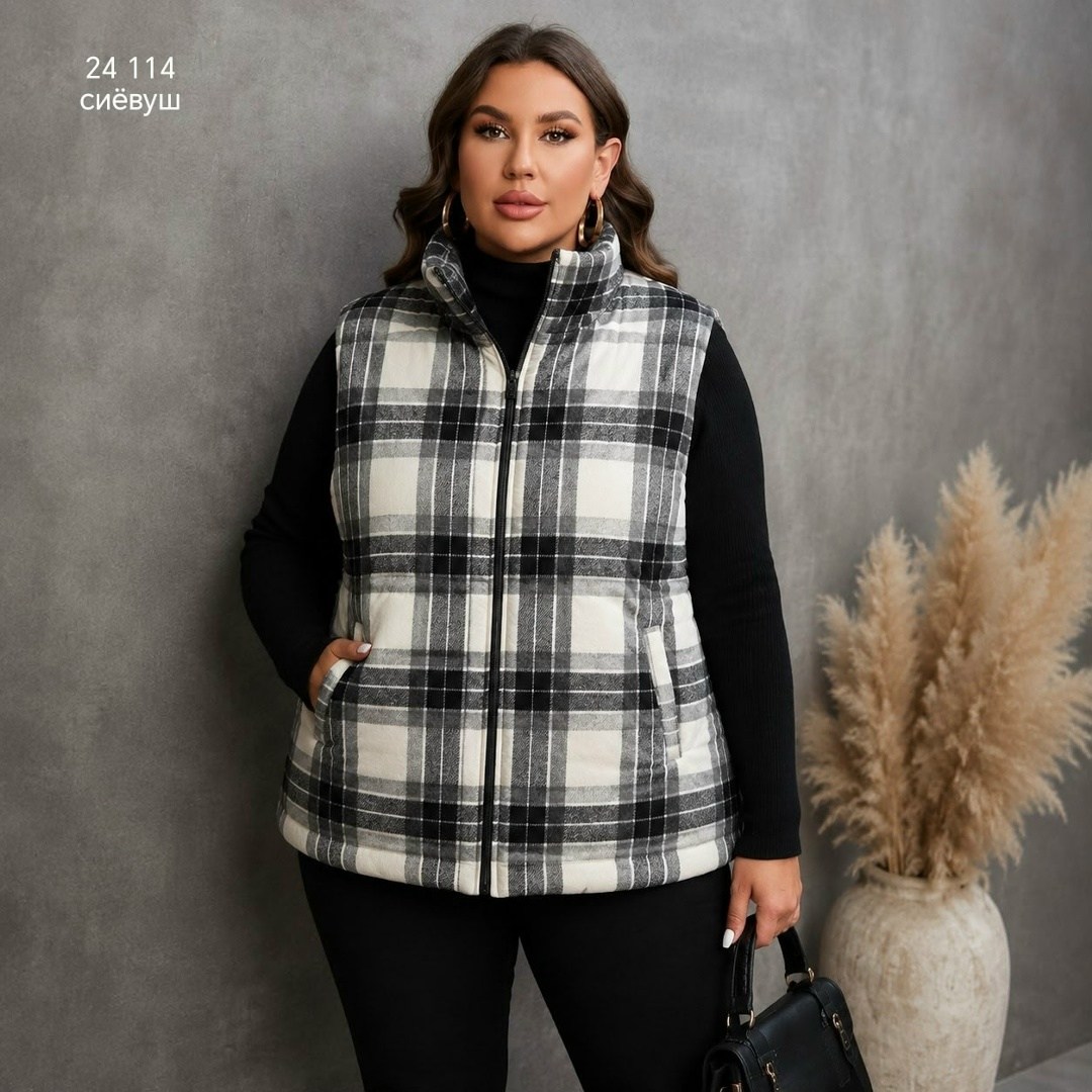 shein relaxiva размера плюс жилет-пальто в клетку,жилет,жилет стеганый,жилет в клетку,пальто в клетку