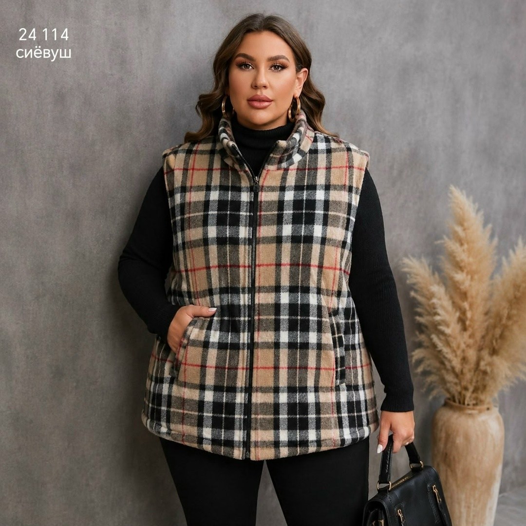 shein relaxiva размера плюс жилет-пальто в клетку,жилет,жилет стеганый,жилет в клетку,пальто в клетку