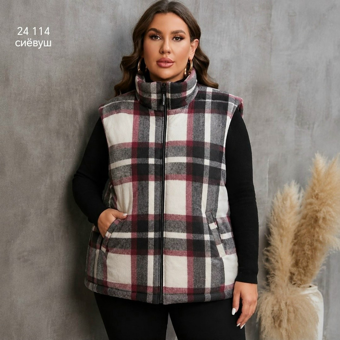 shein relaxiva размера плюс жилет-пальто в клетку,жилет,жилет стеганый,жилет в клетку,пальто в клетку
