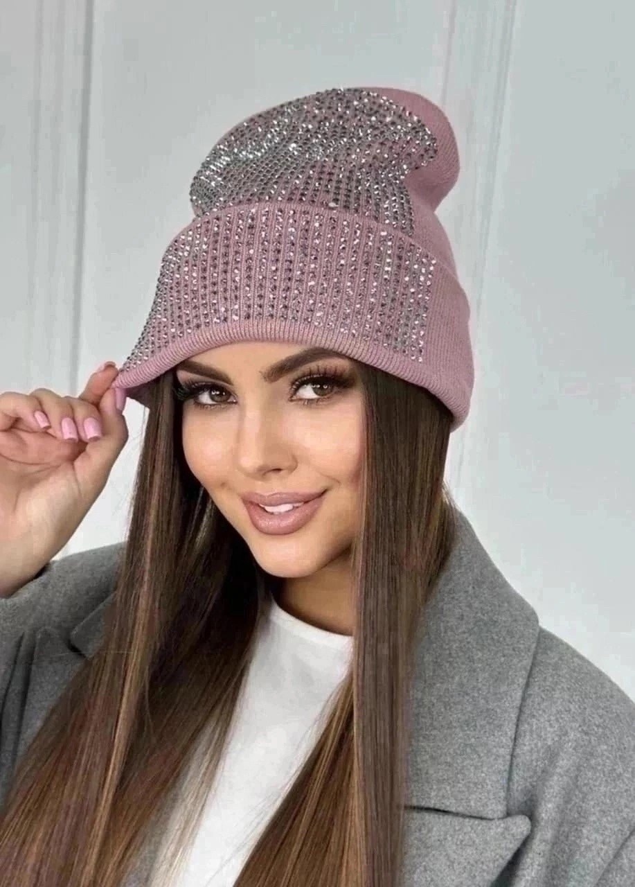 шапка бини двухслойная осень-зима со стразами fashion lux,шапка бини со стразами двухслойная демисезонная весна adelelove,шапка бини со стразами,женская стильная шапка бини со стразами,шапка женская б